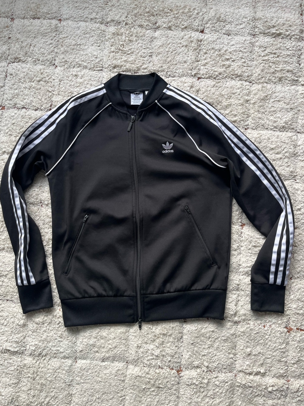 adidas Black Track Jacket with White 3-Stripes, Women’s M